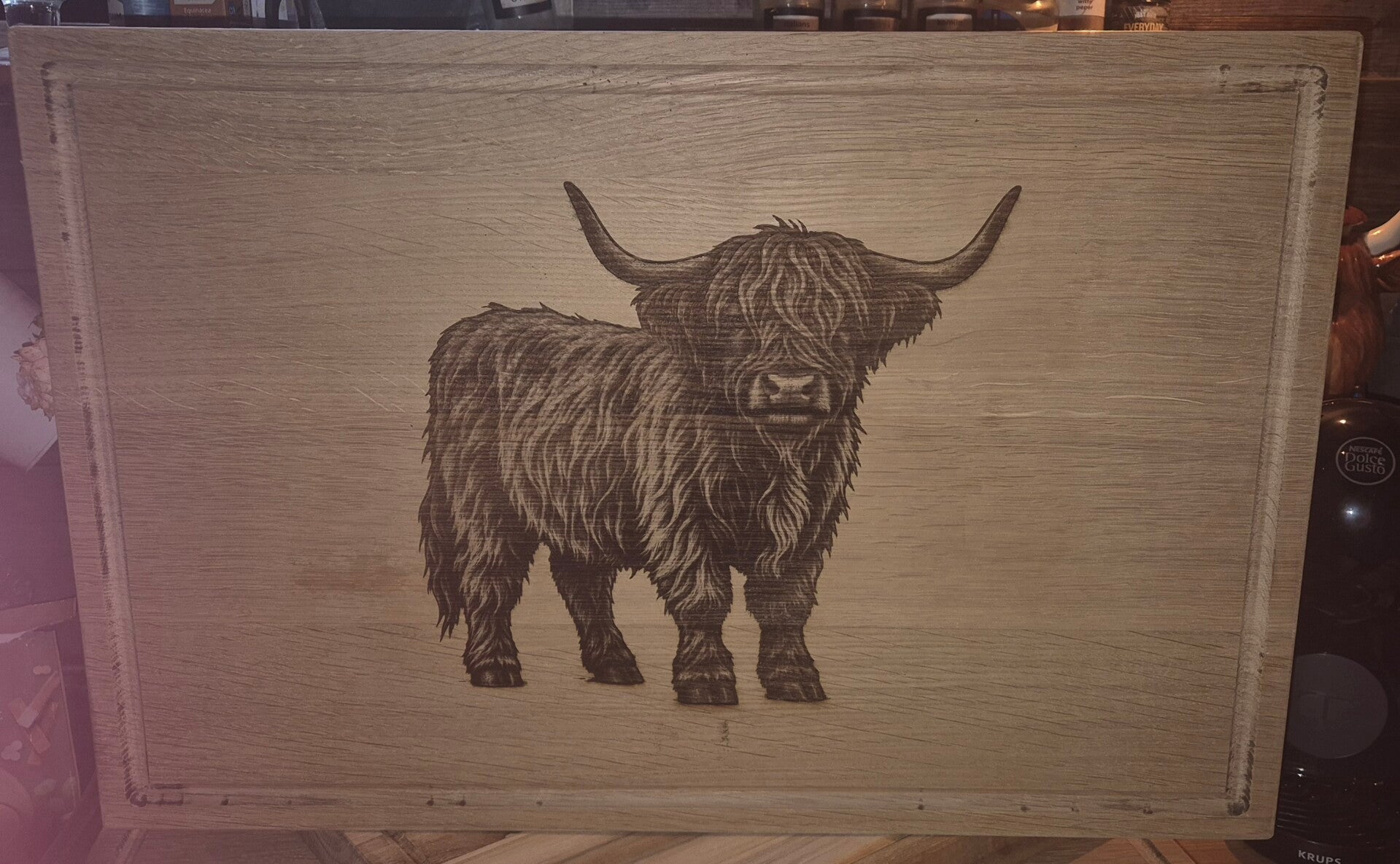 Snijplank, eikenhout, grote snijplank, schotse hooglander, hooglander, graveren