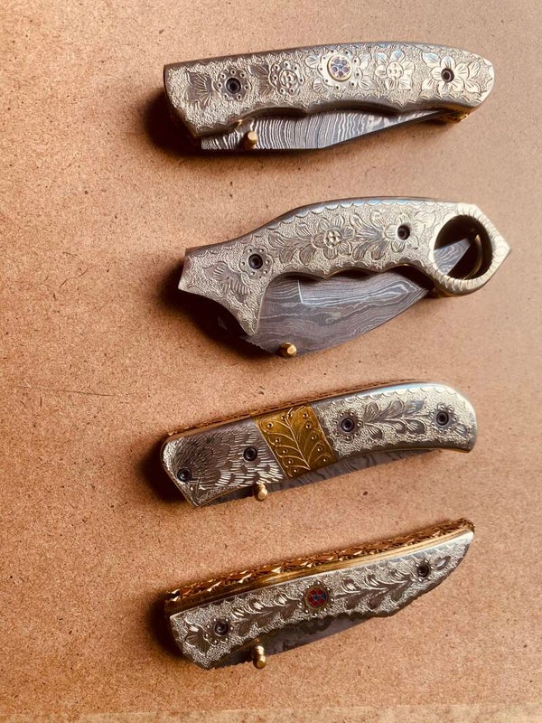 Damascus Pocket Knife Light Gold