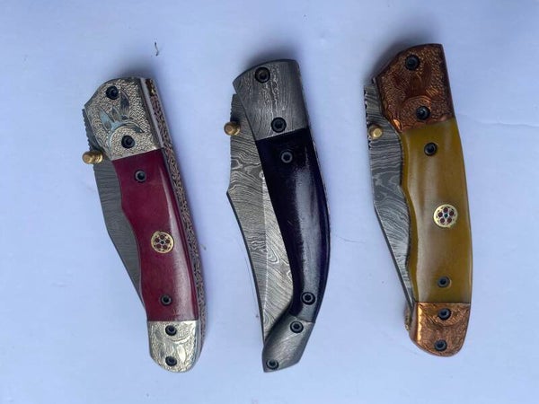 Damascus Pocket Knife withe Multicoloured Handle