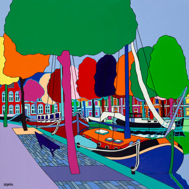 kleurrijk schilderij van de Zuiderhaven in Groningen