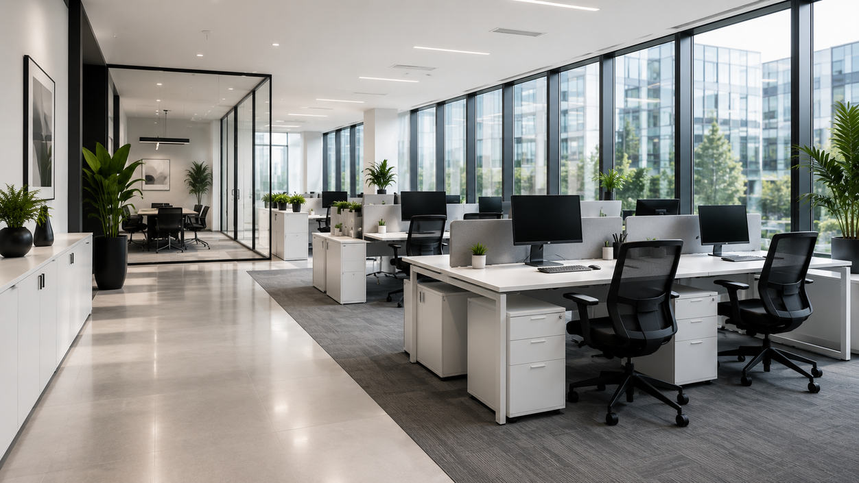 Modernes gepflegtes Büro als Beispiel für Unterhaltsreinigung