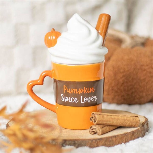Mug céramique automnal « Pumpkin Spice Latte » avec couvercle – 400 ml