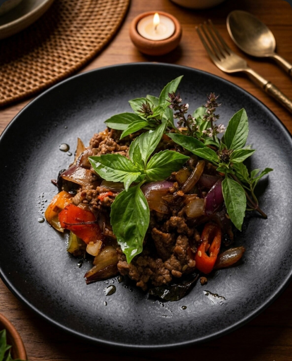 Pad krapao : sauté basilic porc/ poulet/ boeuf/ moules/crevettes /calamar