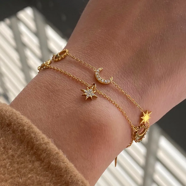 Bracelet Femme Doré – Étoile & Lune – Acier Inoxydable 304 – Chaîne Fine de 16 + 5 cm | Résistant à l’Eau et Antiternissement