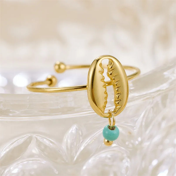 Bague Vintage Coquillage & Perle bleu – Acier Inoxydable Doré