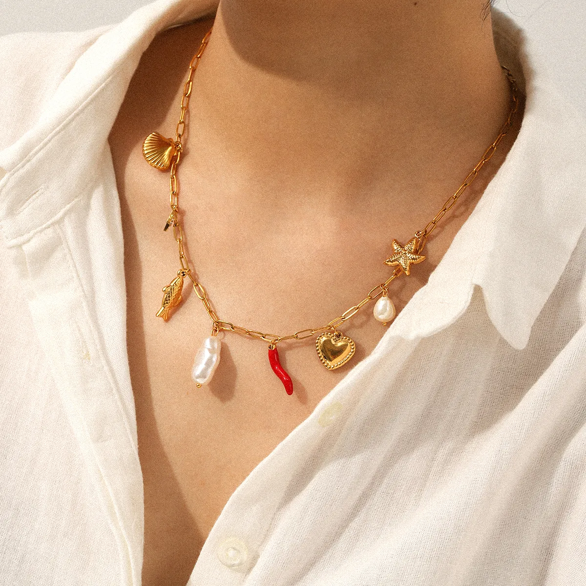 Collier pampille chaine trombone doré - acier inoxydable élégant et tendance