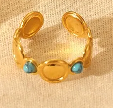 💍 Bague Ajustable Dorée avec Pierres Naturelles Turquoise – Acier Inoxydable 304