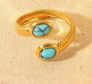 Bague Ajustable Dorée en Acier Inoxydable avec Pierres Turquoise – Élégance et Raffinement