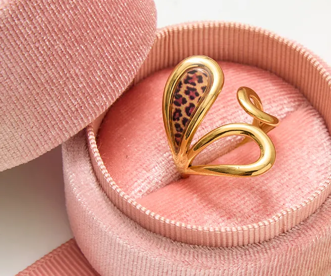 Bague ajustable vintage femme en acier inoxydable doré – Motif léopard forme pétale