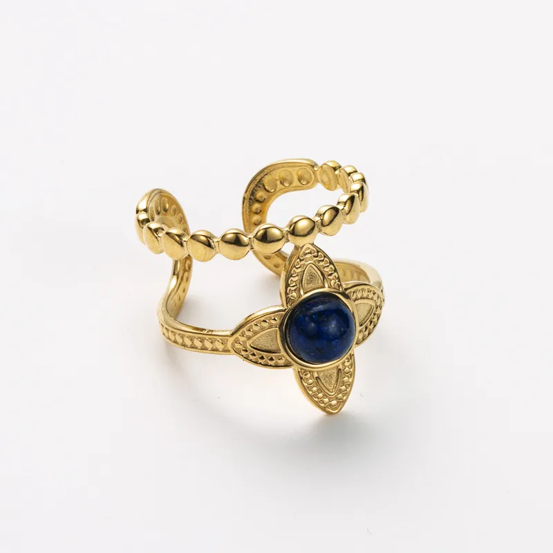 BAGUE fleur pierre naturelle bleu | acier inoxydable doré | vanbijoux