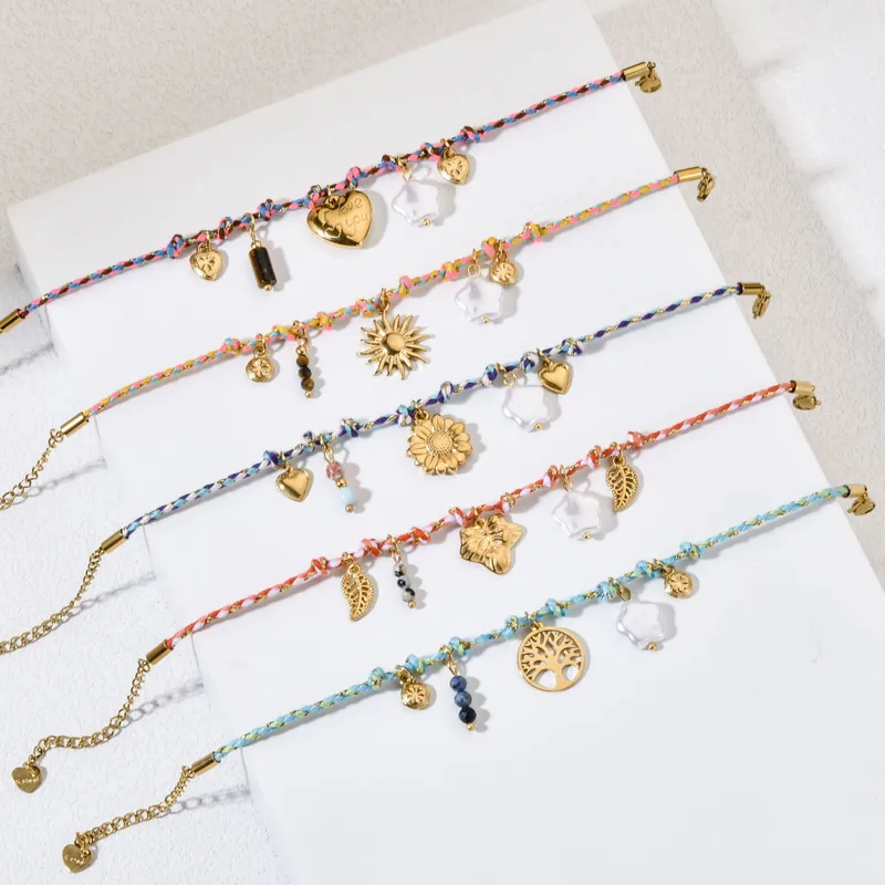 ☀️ Bracelet Femme Corde Tressée Colorée – Pendentif Soleil & Cœur en Acier Inoxydable | Vanbijoux