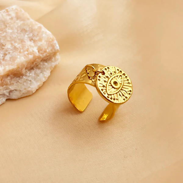 Bague ouverte dorée avec œil protecteur – Style bohème chic
