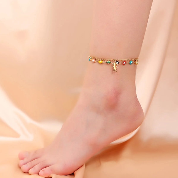 ✨ Bracelet de pied doré œil protecteur coloré – double rang avec grelot ✨