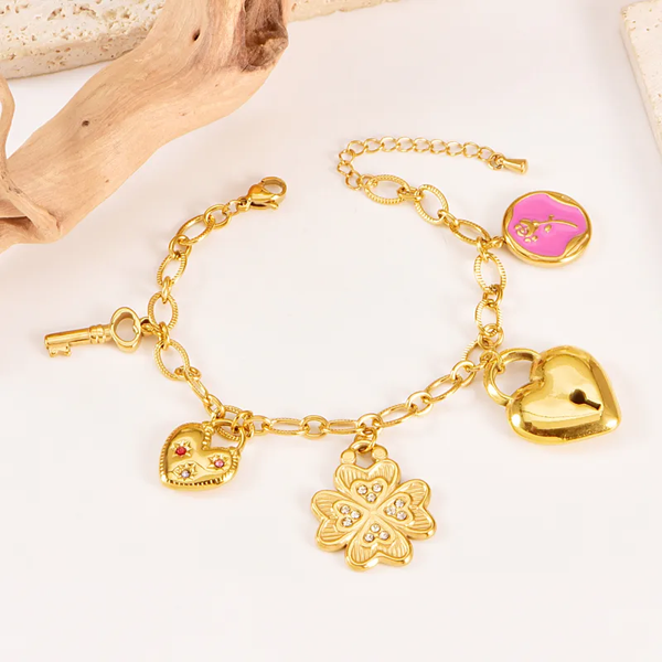 Bracelet Multi-Breloques Cœur Cadenas Acier Inoxydable Doré | Charms Trèfle Clé Époxy Rose | 16,5+3,5cm