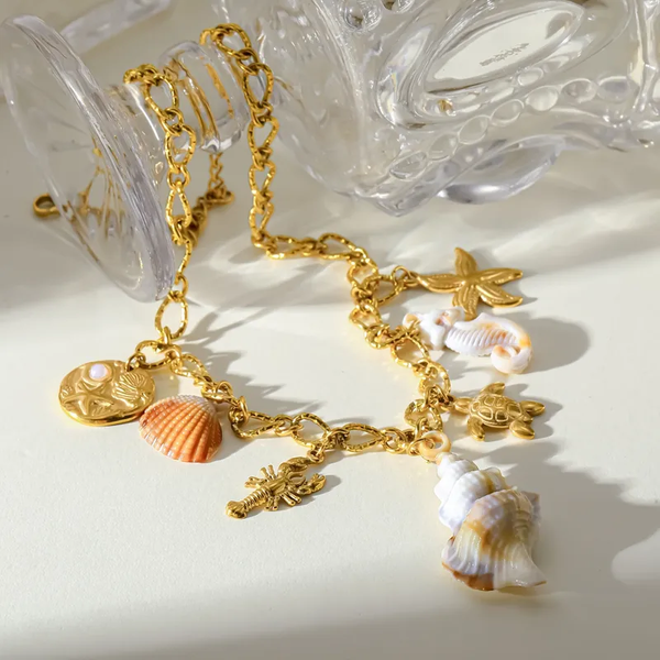 Collier "Trésors d'Océan" en Acier Inoxydable Plaqué Or & Breloques Marines