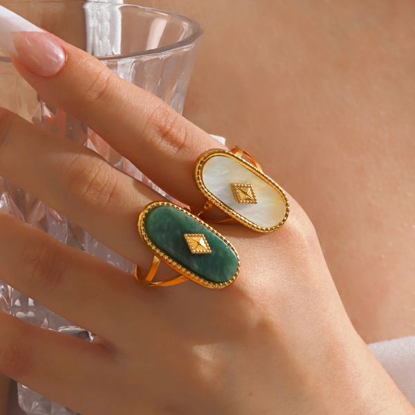 💍 Bague Ajustable Ovale Vintage – Acier Inoxydable 304 Doré, Pierre Blanche ou Verte
