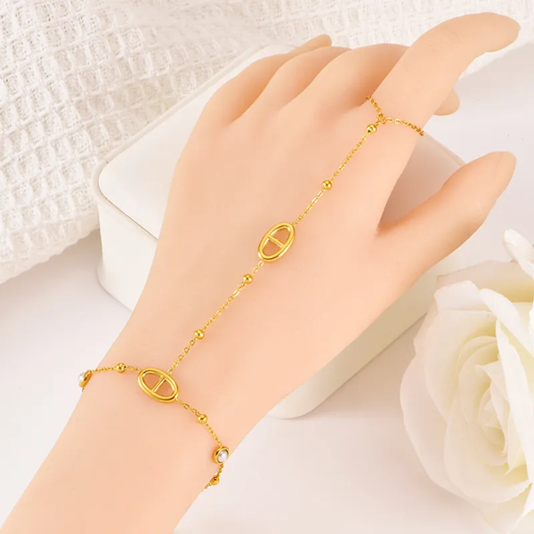 Bracelet de Main Chaîne Acier Inoxydable Doré | Hand Chain Femme Maillon Ovale & Zircons | Bijou Doigt Poignet