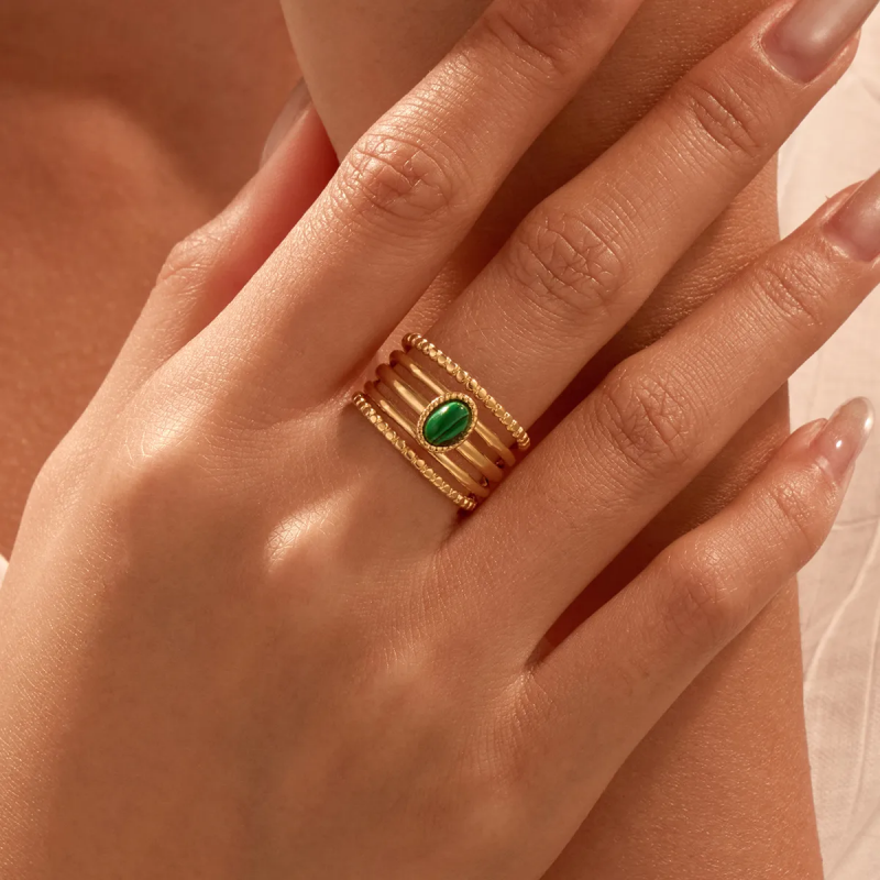 Bague Ajustable Femme - Pierre Malachite, Acier Inoxydable Doré, Neuve Avec étiquettes