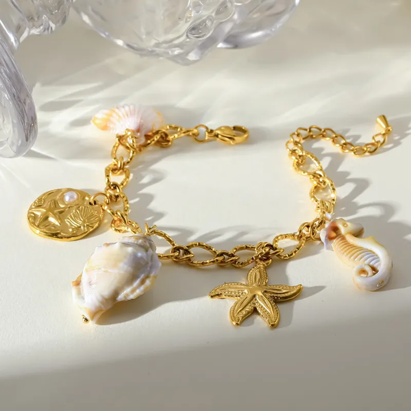 Bracelet Charms "Océan Doré" en Acier Inoxydable Plaqué Or & Éléments Naturels