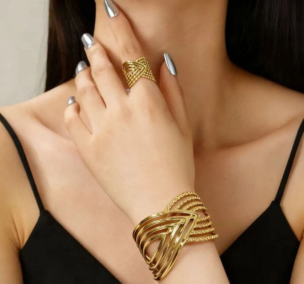 Ensemble Bague et Bracelet Manchette – Maille Croisée Dorée