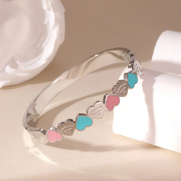 Bracelet Jonc Cœurs Bicolores "Sweet Love" Acier Inoxydable Argenté