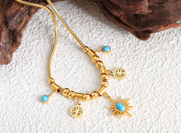 Collier Pampille Arbre de vie & Pierre Naturelle Turquoise - Acier au Titane Doré