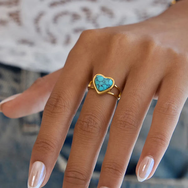 Bague Cœur Dorée Ajustable en Acier Inoxydable avec Pierre Naturelle Turquoise