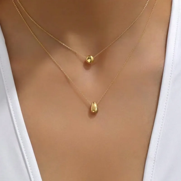 Collier Double Rang Doré ou Argenté en Acier Inoxydable – Pendentifs Goutte et Perle Minimalistes Femme