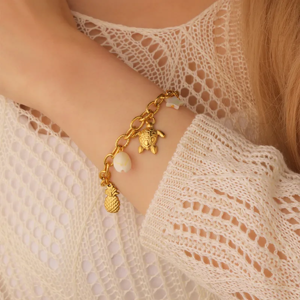 Bracelet Breloques Doré Acier Inoxydable | Ananas Tortue Coquillage | Femme Estival