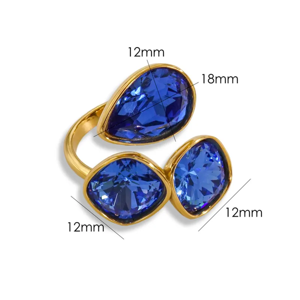 Bague ouverte ajustable plaqué or 14K avec zircons bleu royal – Vintage chic