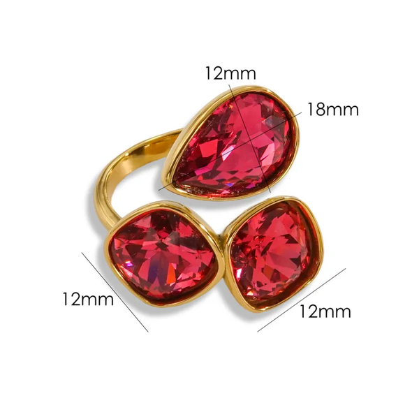 Bague ouverte ajustable plaqué or 14K avec zircons rouge rubis – Vintage chic