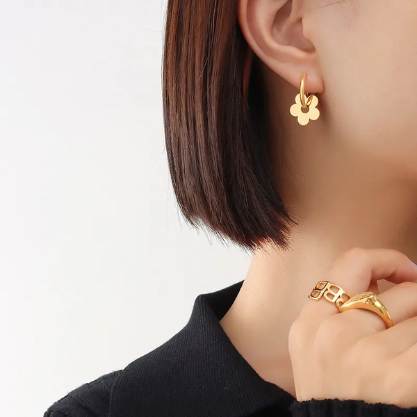 Mini Créoles Fleur Amovible Acier Inoxydable 304 Doré ou Argenté Boucles d'Oreilles 2-en-1 Femme Huggie Hoops