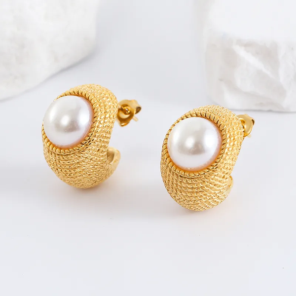Boucles d’oreilles en forme de C perle d'eau douce | Acier inoxydable 304 doré