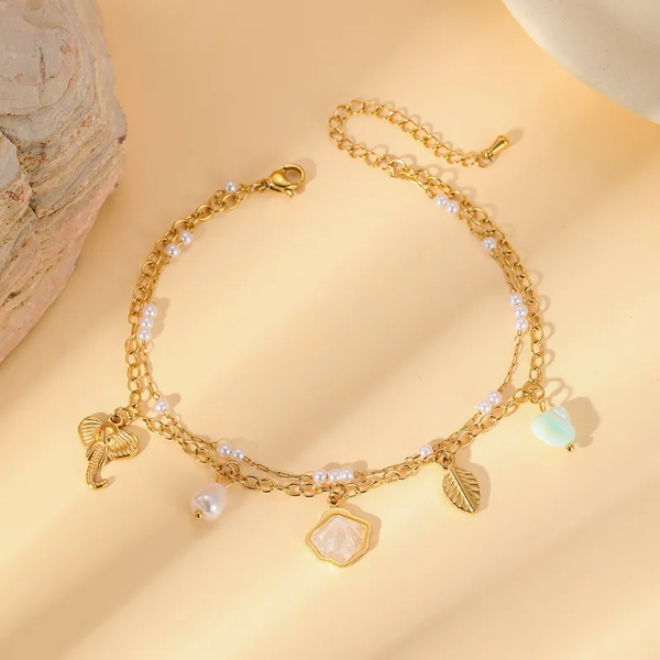 Bracelet de Cheville Double Rang Doré – Pampilles Perle, Plume & Éléphant