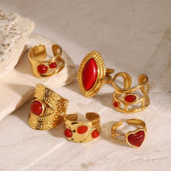 ❤️ Bague Élégante Agate Rouge – Acier Inoxydable Doré Ajustable