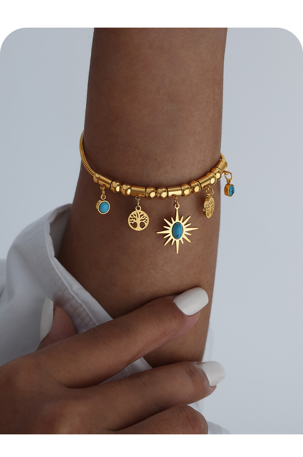 Bracelet Pampille Arbre de vie & Pierre Naturelle Turquoise - Acier au Titane Doré