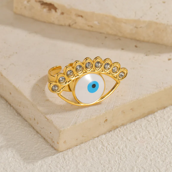 Bague Œil Grec Dorée Acier Inoxydable | Protection Nazar Strass | Réglable Femme