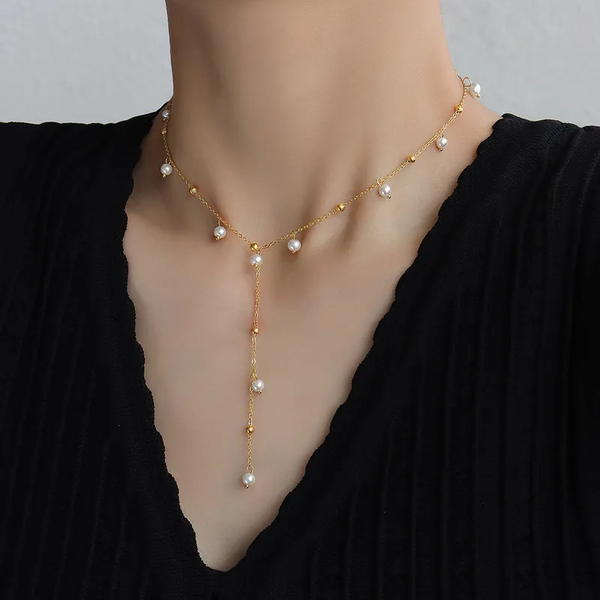 Collier Y Géométrique Doré PVD en Acier Inoxydable 304 – Perle et Boule – Résistant à l’Eau