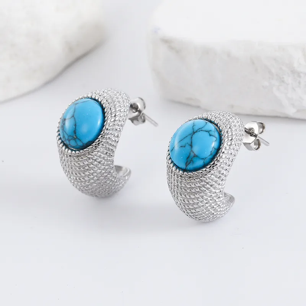 Boucles d’oreilles en forme de C avec pierre turquoise | Acier inoxydable 304 argenté