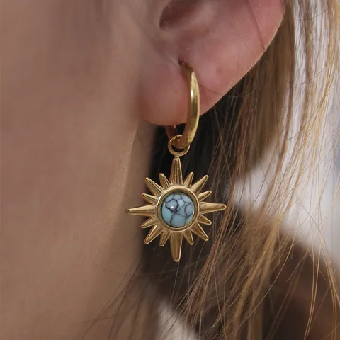 ✨ Boucles d’oreilles dorées pendentif soleil & pierre turquoise – Acier inoxydable 304 ✨