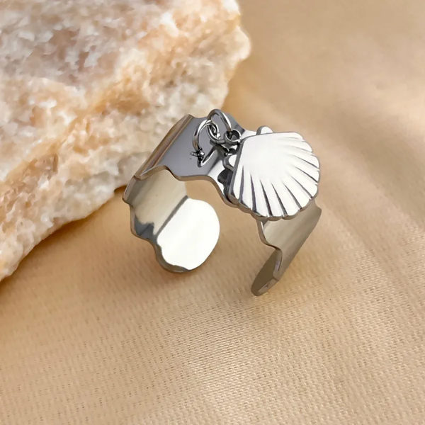 Bague Coquillage Argentée Ajustable – Breloque Coquille Saint-Jacques en Acier Inoxydable 304