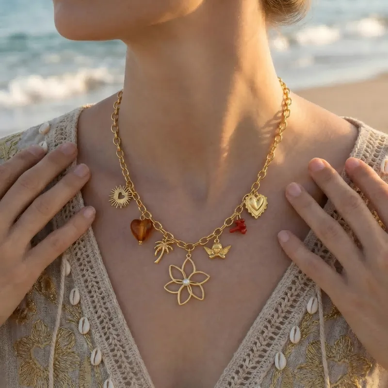 Collier Multi-Breloques Cœur Soleil Fleur Acier Inox 304 PVD Doré | Sautoir Bohème Charms Femme | Résistant Eau 45+6cm