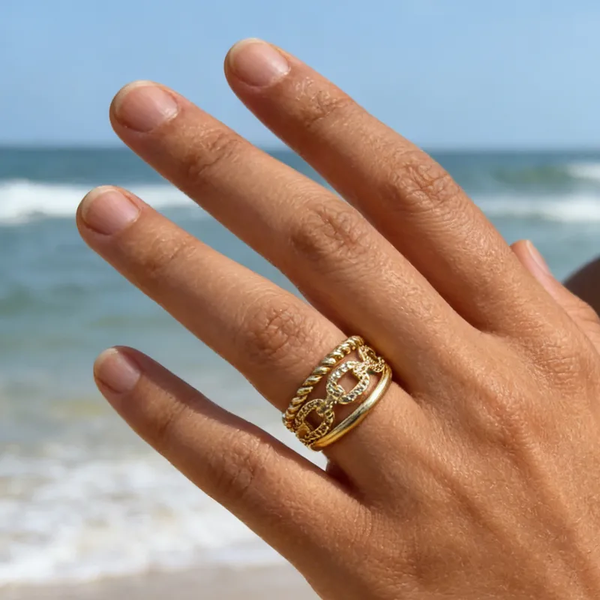 Bague Ajustable Femme 3 Anneaux Acier Inox 304 PVD Doré | Bague Large Ovale Zircon | Effet Stacking Tendance