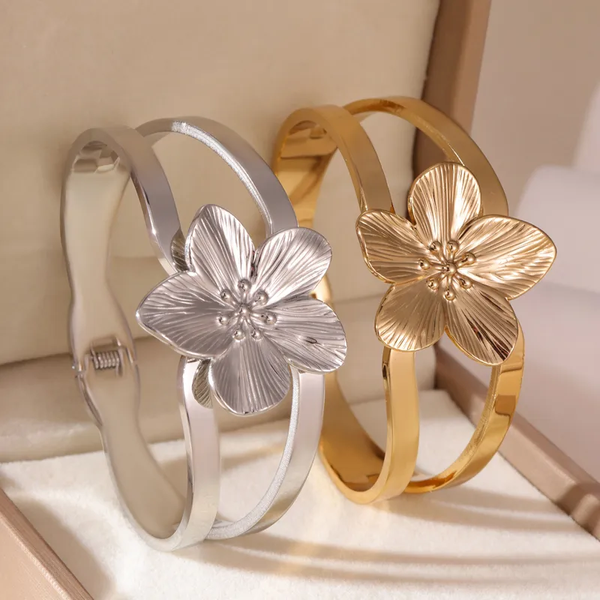 Bracelet Jonc Fleur Femme Acier Inox 304 PVD Doré/Argenté | Manchette Florale Résistante à l'Eau | Sans Pierres