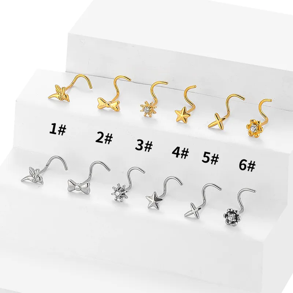 💎Clous de Nez Femme – Acier Inoxydable 316L Doré ou Argenté – Motifs Étoile, Fleur, Nœud, Cristal – Hypoallergénique et Résistant à l’Eau