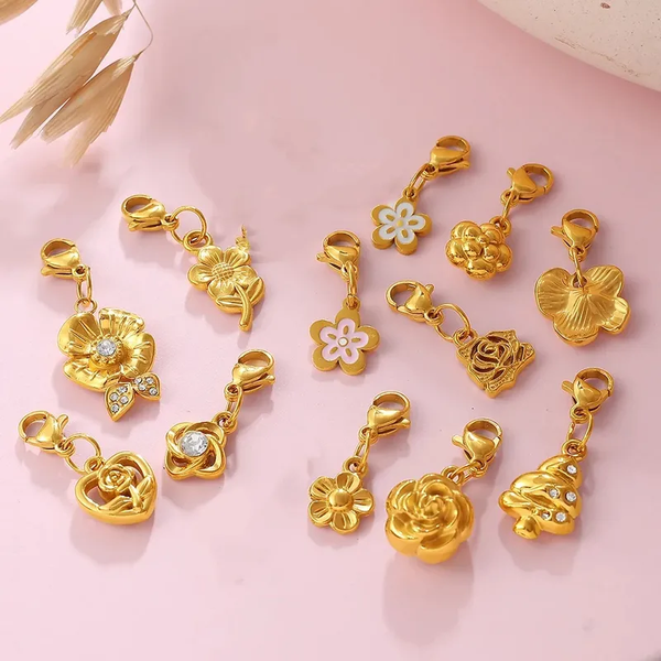 Charms Breloques Fleurs Acier Inoxydable Doré | Pendentifs à Mousqueton pour Bracelet & Collier | Vendu à l'Unité