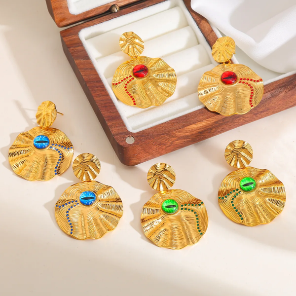 Boucles d’Oreilles Femme Rondes Matelassées – Acier Inoxydable Doré & Zircon Coloré