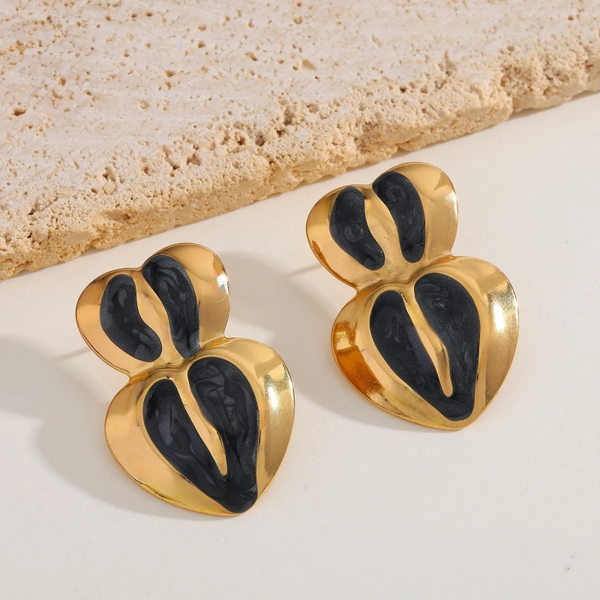Boucles d’Oreilles Géométriques Irrégulières Doubles Cœurs – Acier Inoxydable Noir Doré (35 mm)