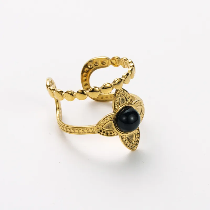 Bague Nyx  Ajustable Dorée Perle Noire Naturelle – Style Baroque Ethnique en Acier Inoxydable 304