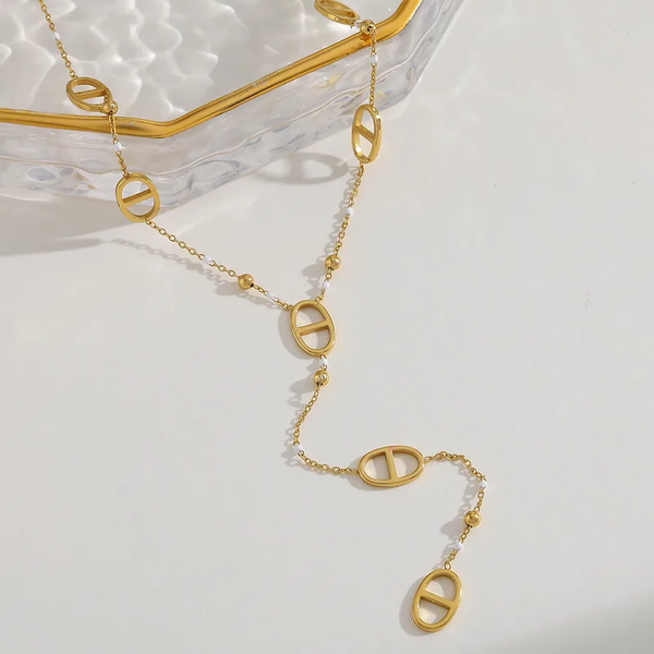 Collier Y Ancre Marine Doré & Émail Blanc - Acier Inoxydable